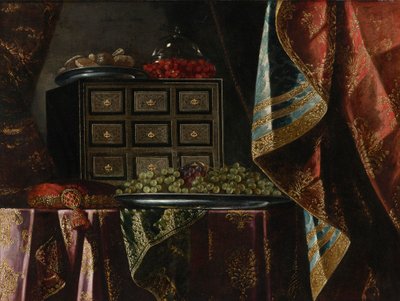 Still Life of a Chest, Fruit and Other Objects on a Brocade Draped Table by Carlo Manieri
